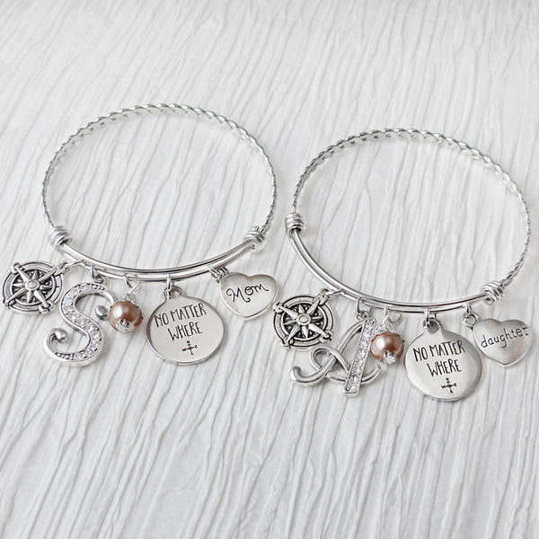 Mother Daughter Bracelet Set, No Matter Where Bracelet- Jewelry, Gift, Personalized Bangle Bracelet-Gifts for Woman- Compass Bracelet- Mom