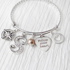 Friend Bracelet, Follow Your Heart Jewelry, Compass Bracelet, Letter Bangle Bracelet,Personalized