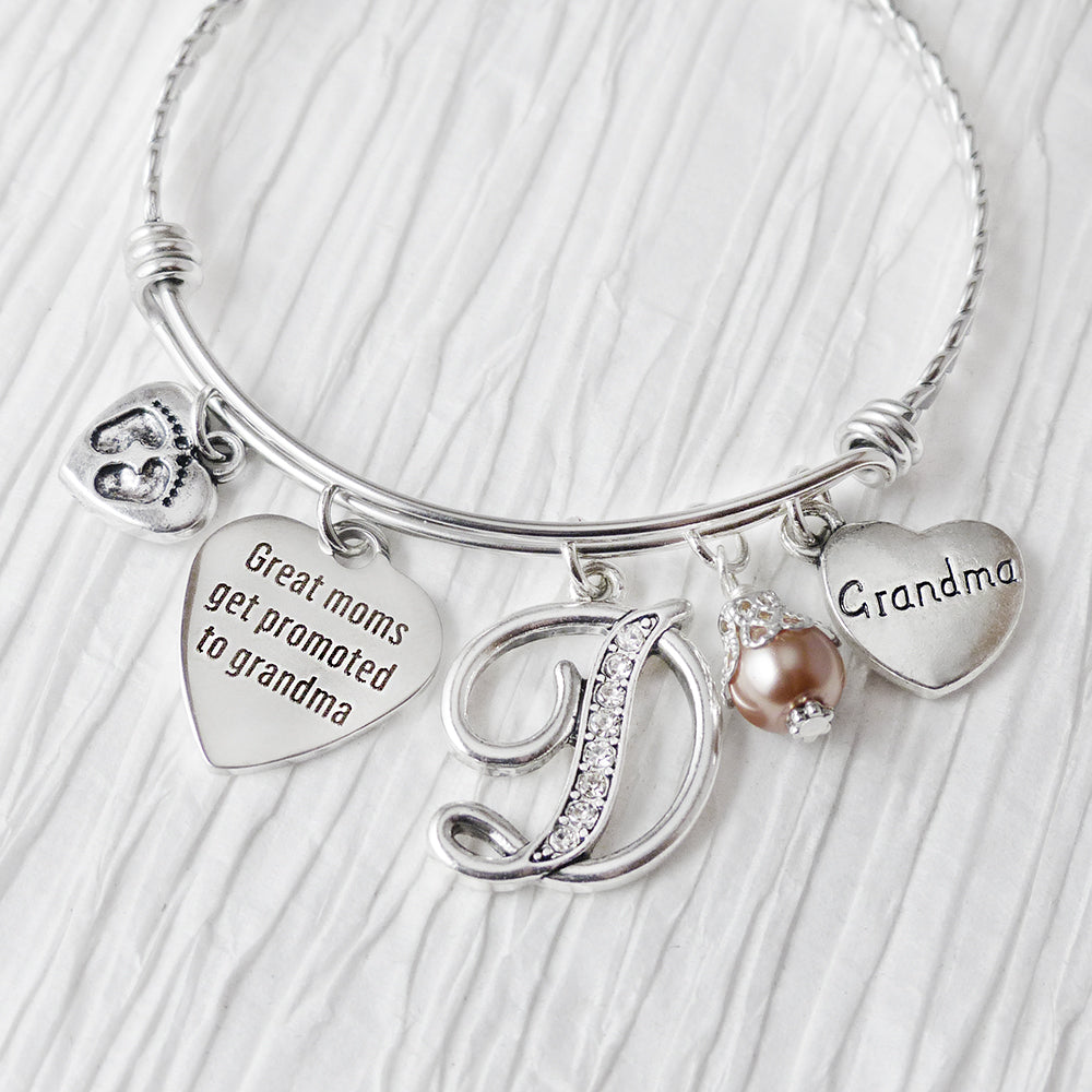 Grandma Bracelet, Great moms get promoted to grandma Charm Bracelet, Bangle Bracelet, Personalized New Grandma Gift