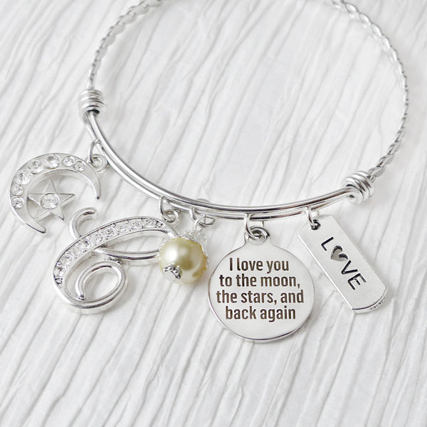 I love you to the moon and back again jewelry-Love Bracelet, Personalized Bangle Bracelet- Mother's Day gift, Moon and Stars