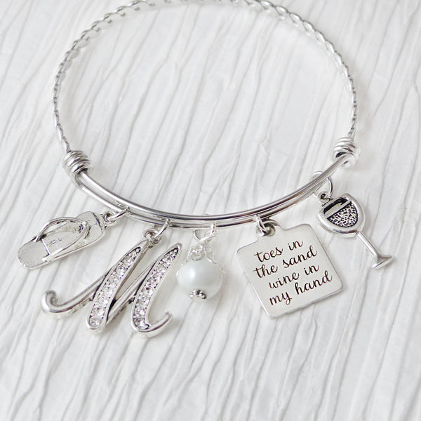 Personalized Gift-Toes in the Sand Bangle BRACELET- Beach Theme, Jewelry, Flip Flop, Wine