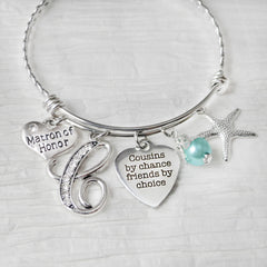 Wedding COUSIN GIFT, Cousin Matron of Honor, Bangle Bracelet, Cousin by chance friends by choice, Star fish, Beach Jewelry