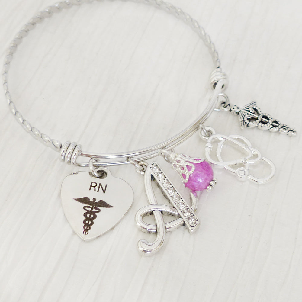 RN Gifts, Graduation Bangle Bracelet-Personalized Initial Jewelry, Stethoscope Charm