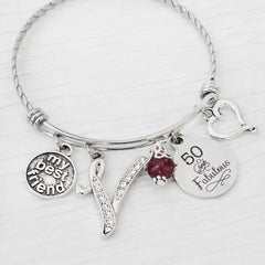 personalized 50 and fabulous bangle bracelet with rhinestone initial charm, and round My best friend charm and silver heart with colored bead