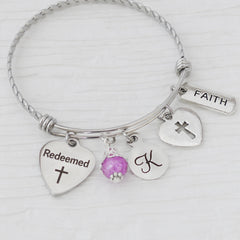 REDEEMED JEWELRY - Baptism gift for her - Christian Bangle Bracelet- Faith Jewelry- Cross-Expandable Personalized Bangle, Religious Gift