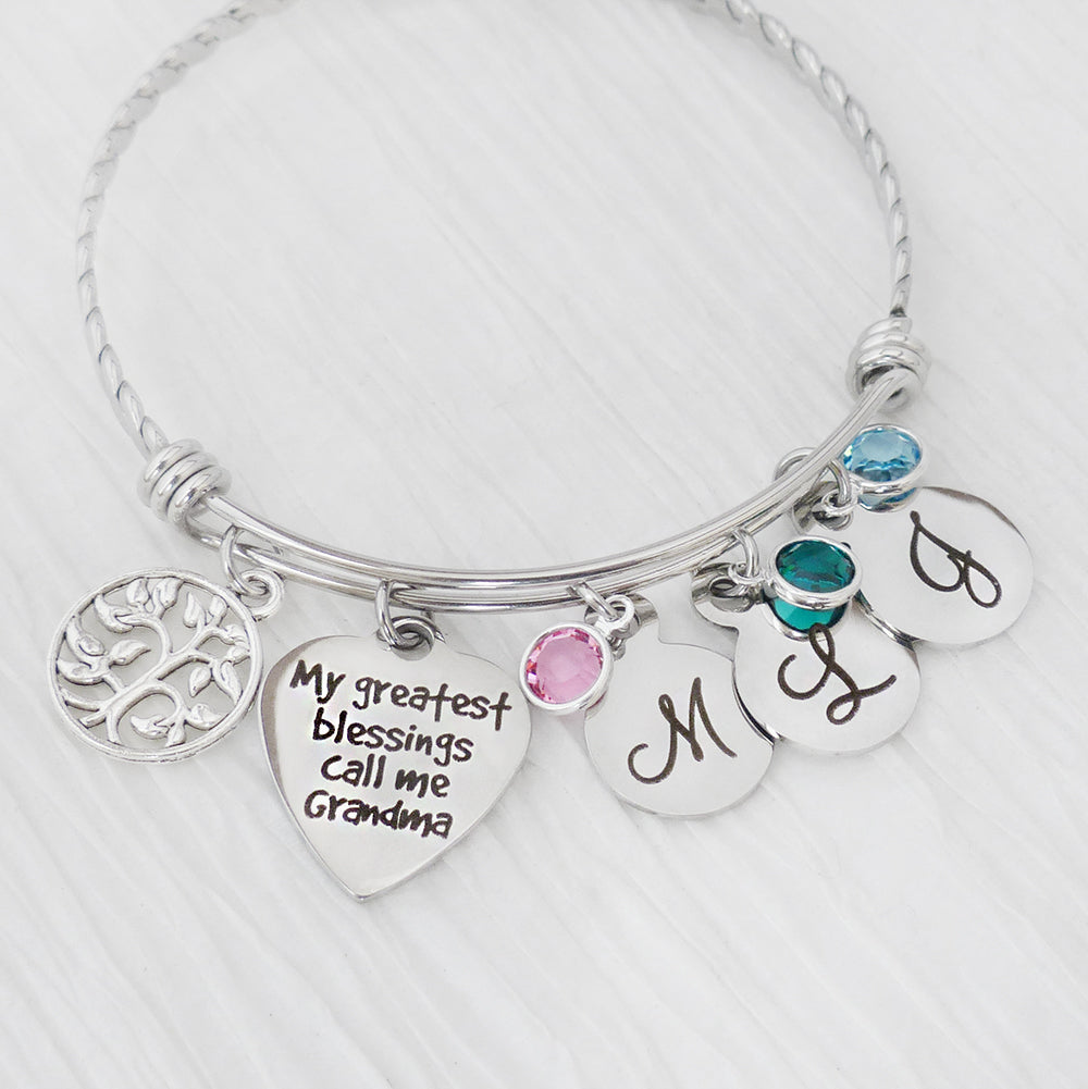 GRANDMA BRACELET- Mother's Day Gift - Birthstone Bangle Bracelet for Grandma ,Personalized -My greatest blessings call me Grandma-Tree charm
