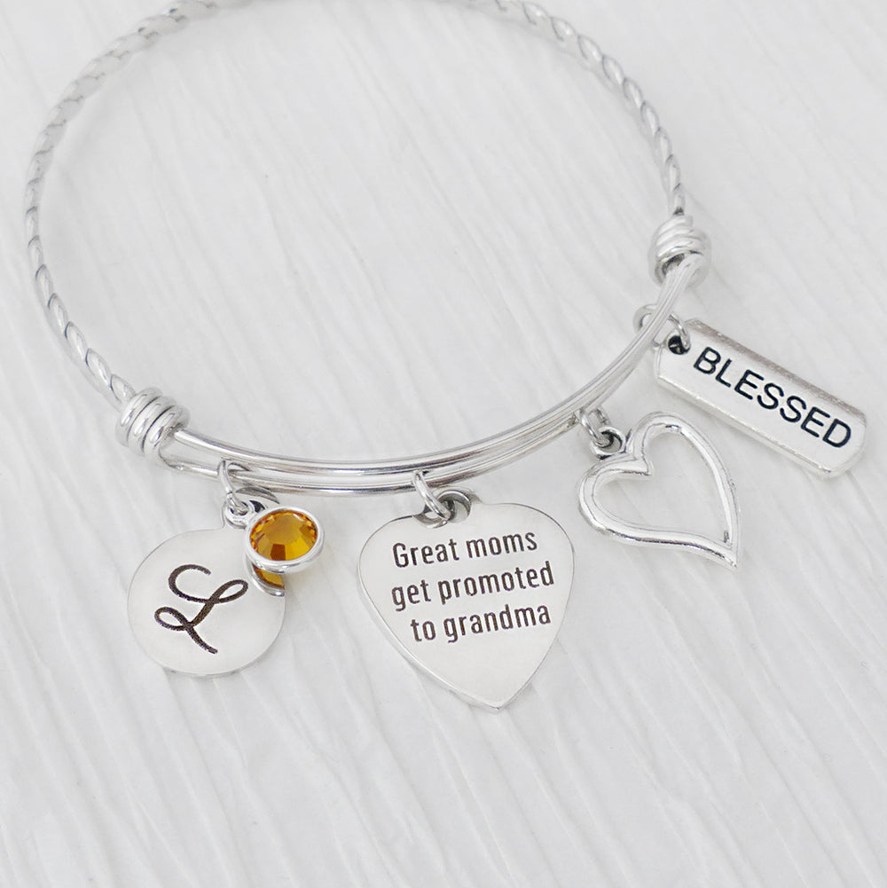 Grandma Bracelet, Great moms get promoted to grandma Charm Bracelet, Bangle Bracelet- Personalized Birthstone Bracelet