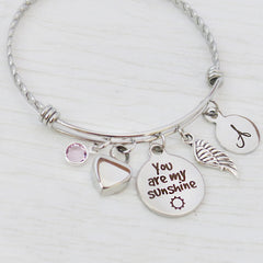 Urn Cremation Jewelry, You are my Sunshine Jewelry, Remembrance Birthday Bangle Bracelet, Wing