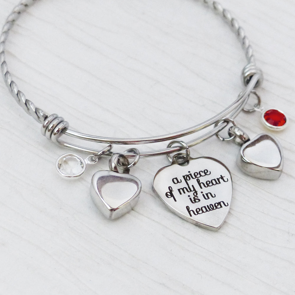 Loss of Parents Jewelry-Urn Cremation Bracelet- A piece of my heart is in heaven Jewelry, Birthstone Bangle