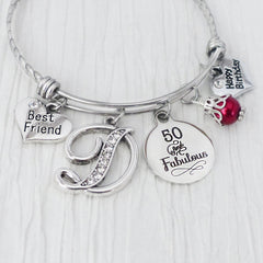 personalized best friend birthday bangle bracelet with heart best friend charm heart happy birthday charm and rhinestone letter with 50 and fabulous