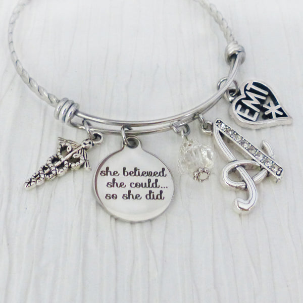 EMT Gifts, She Believed she could so she did, EMT Jewelry, Charm Bangle Bracelet-Jewelry- New Grad Gift, College Graduate Gifts, Medical Theme