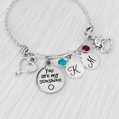 You are my sunshine Jewelry, Personalized Birthstone Bracelet, Initial letters, heart charm, sun cloud