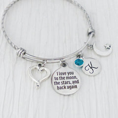 I love you to the moon and back again jewelry-Love Bracelet, Personalized Bangle Bracelet- Mother's Day gift, Moon and Star- Birthstone Jewelry