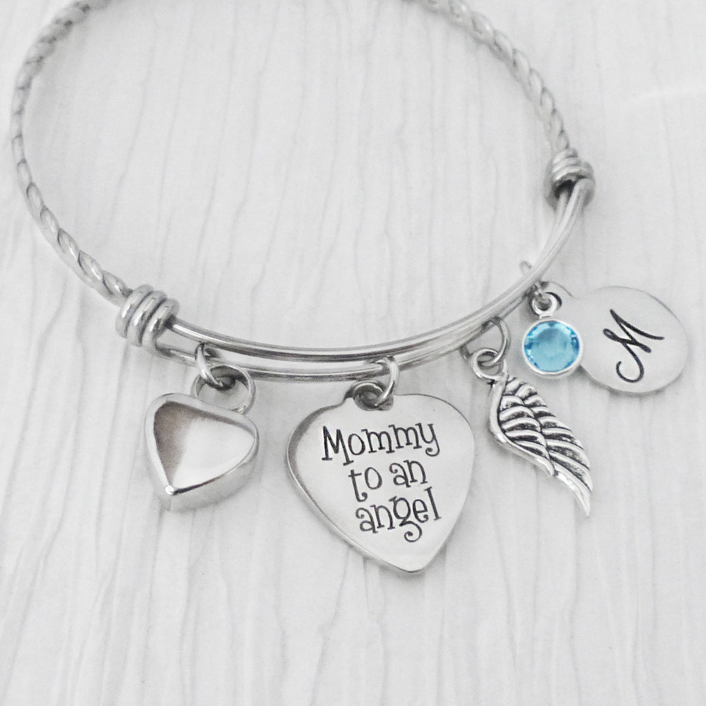 Mommy to an Angel Bracelet, Cremation Jewelry, Urn Cremation Bangle, Wing, Birthstone Jewelry