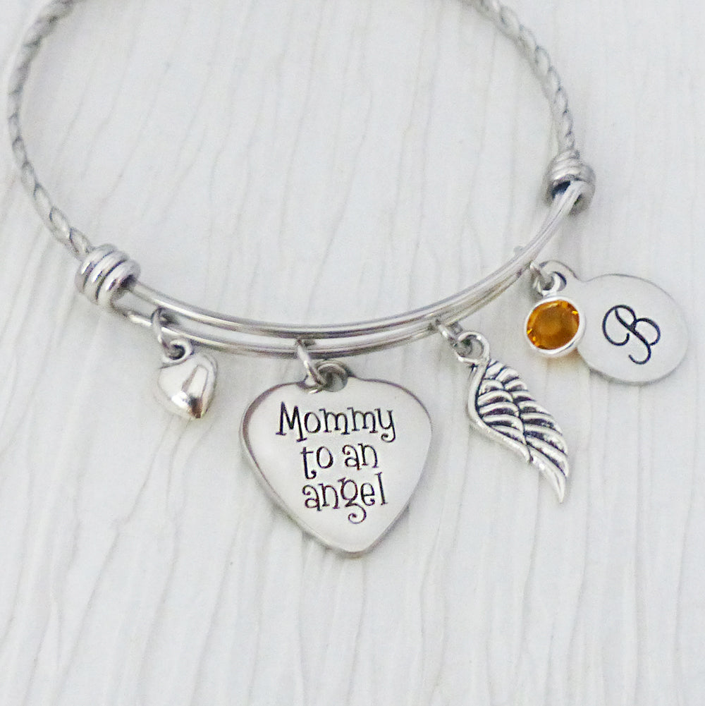 Mommy to an Angel Bracelet, Urn Cremation Bangle Bracelet, Remembrance Gift, Wing, Initial