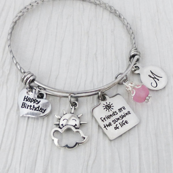 Birthday Bracelet Personalized Friends Are The Sunshine of Life, Happy Birthday Charm, Sun Cloud