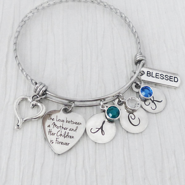 Gifts For Mom, Birthstone Bangle Bracelet- From Daughter- From Son,Personalized -The love between a mother and her Children is Forever