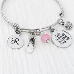 Personalized salt in the air and sand in my hair bangle bracelet with round letter charm flip flop charm shell charm and pink bead for birthday gift