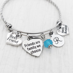 personalized best friend birthday bangle bracelet with friends are family we choose charm and round letter charm. happy birthday and best friend charm
