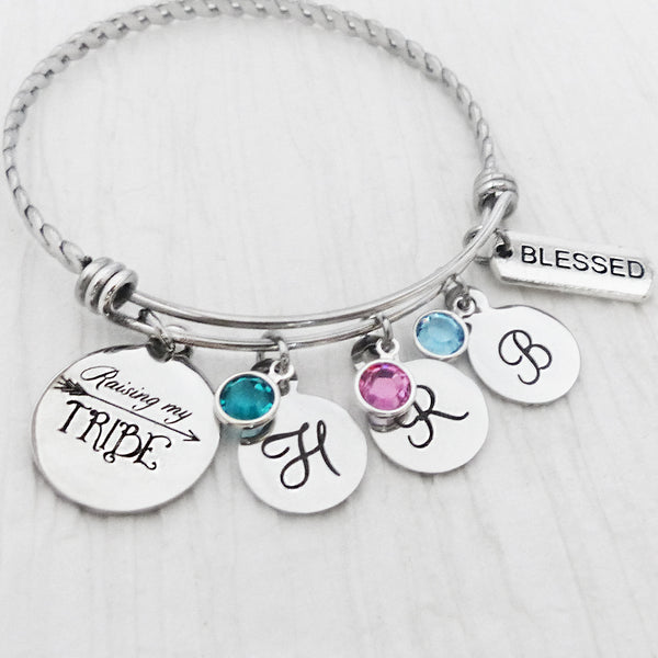 RAISING MY TRIBE Bracelet - Birthstone Bangle Bracelet-Gifts for Mom, Personalized Mom Gift, Birthstone Jewelry for Mom, Blessed Bangle