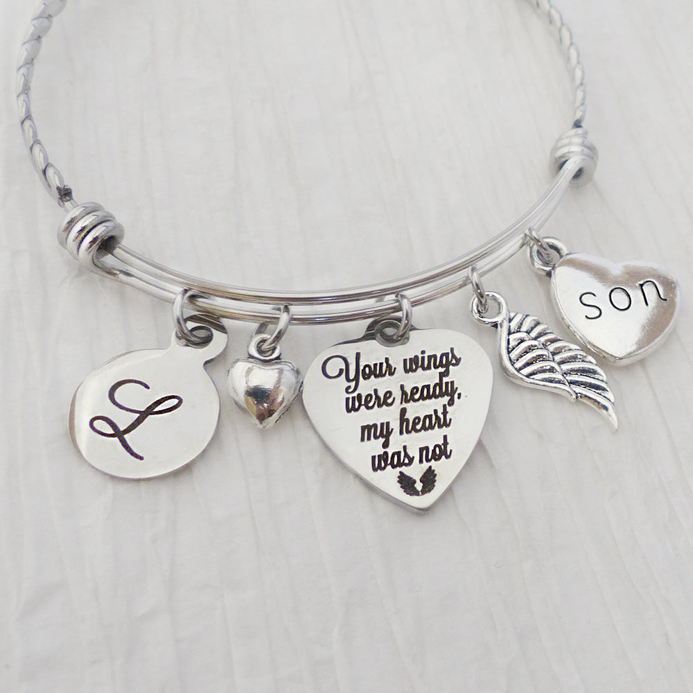 Loss of Son Memorial Jewelry, Your wings were ready my heart was not Bracelet, Remembrance gift, Wing charm