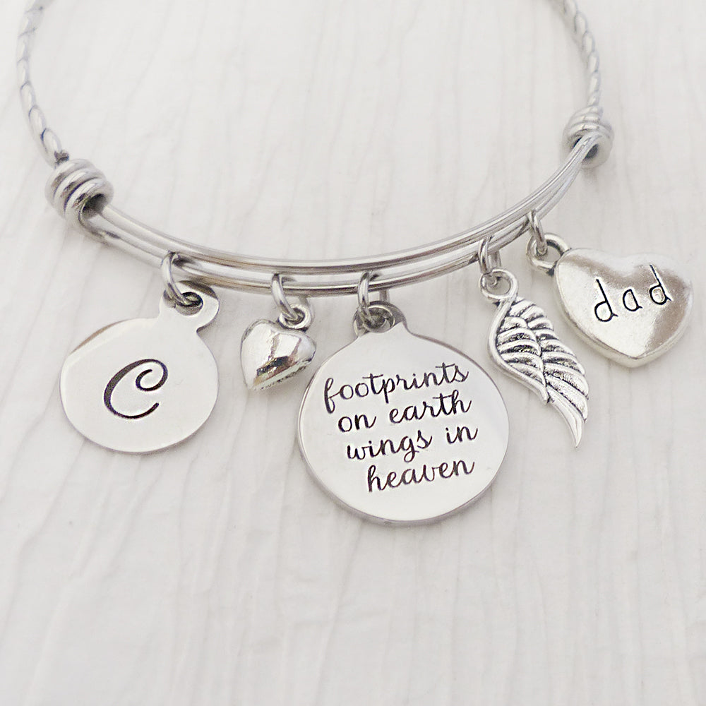 Loss of Dad Memorial Jewelry- footprints on earth wings in heaven Bracelet, Remembrance Gift, Wing Charm