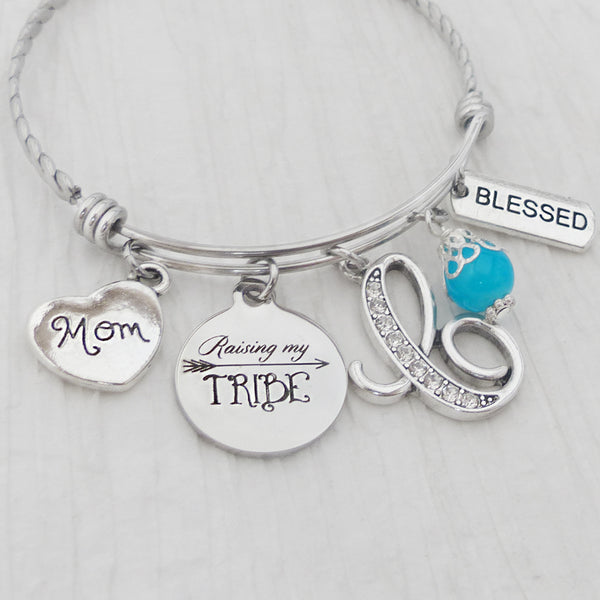 Personalized Raising my Tribe Mom Bangle Bracelet, Blessed, Mom heart charm, Initial Letter