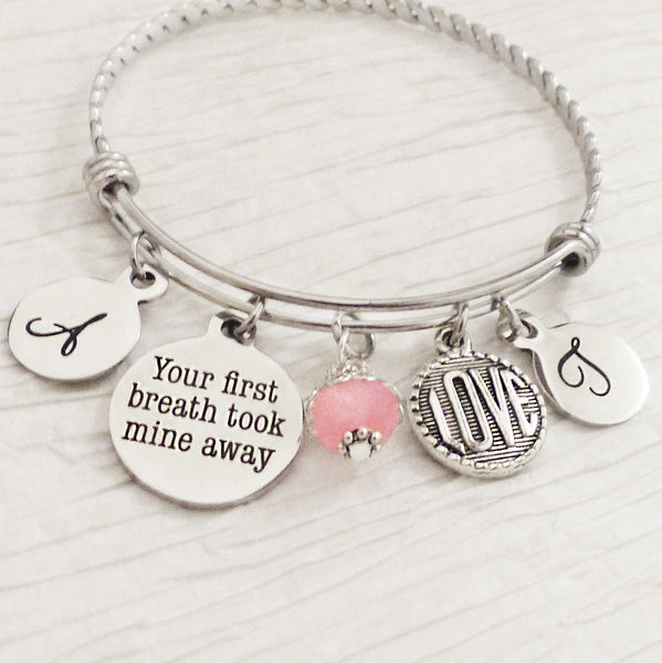 New Mom Gift-Jewelry-Your first breath took mine away-Personalized Bangle Bracelet-Christmas Gifts for Mom,Charm Bracelet, Birthday, Twins