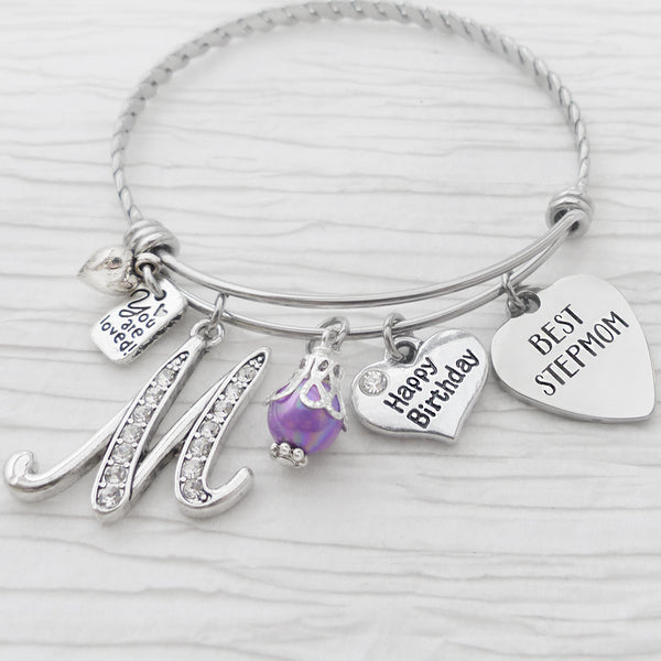 Personalized Gifts for Step Mom, Stepmother Jewelry, Bangle Bracelet, Happy Birthday gift for Step Mom