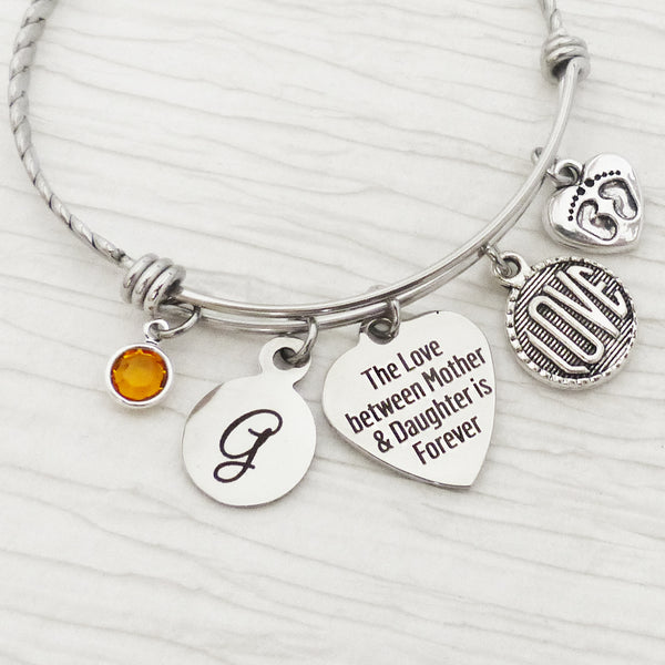 Personalized Bangle Bracelet for Mother-The love between mother and daughter forever, New Mom Gift, Birthstone Jewelry
