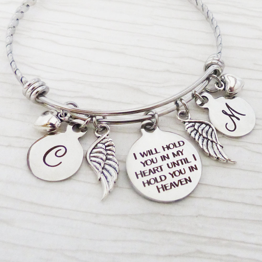 Personalized Remembrance Jewelry, I will hold you in my heart until I hold you in heaven Bracelet, Wing, Memory