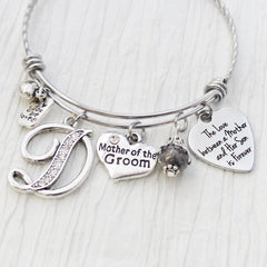 Mother of the Groom Bracelet-The love between a Mother and her son is forever-Initial Bridal Jewelry-Expandable Bangle