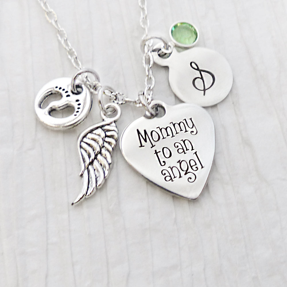 Mommy to an Angel Necklace-Memorial Jewelry, Loss of Infant Necklace, Wing Charm, Birthstne Jewelry