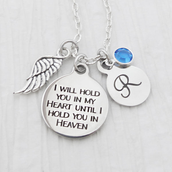 Personalized Memorial Jewelry, I will hold you in my heart until I hold you in heaven, Remembrance Jewelry, Wing, Birthstone