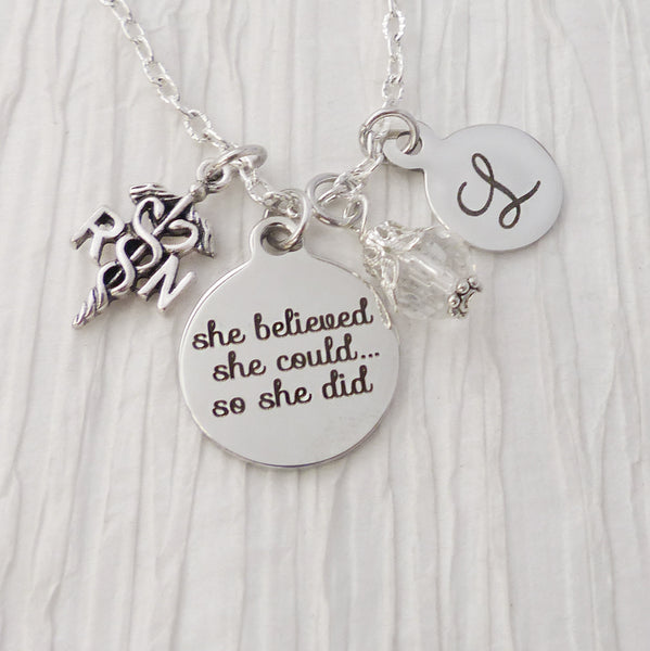 RN Graduation Necklace, Nursing She believed she could so she did-Personalized Graduation Gifts- New Grad Gift