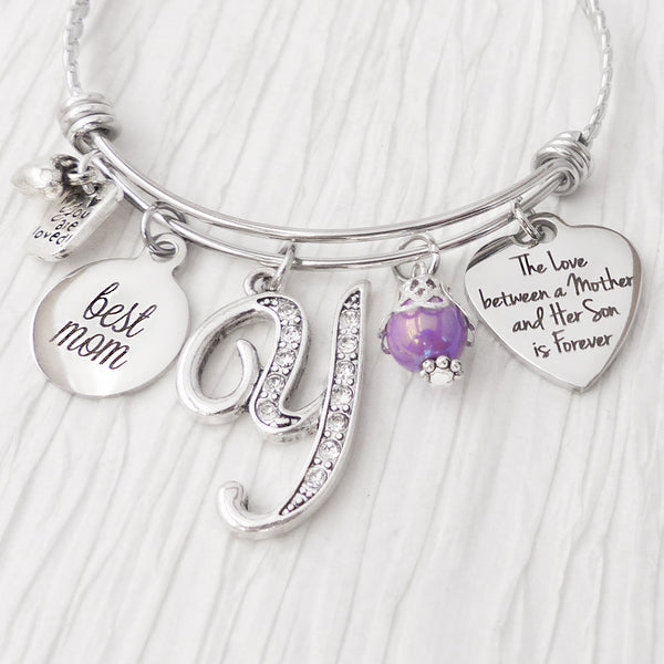 Mom Gifts From Son-Best Mom-Personalized Mom Bangle Bracelet-love between mother and son is forever