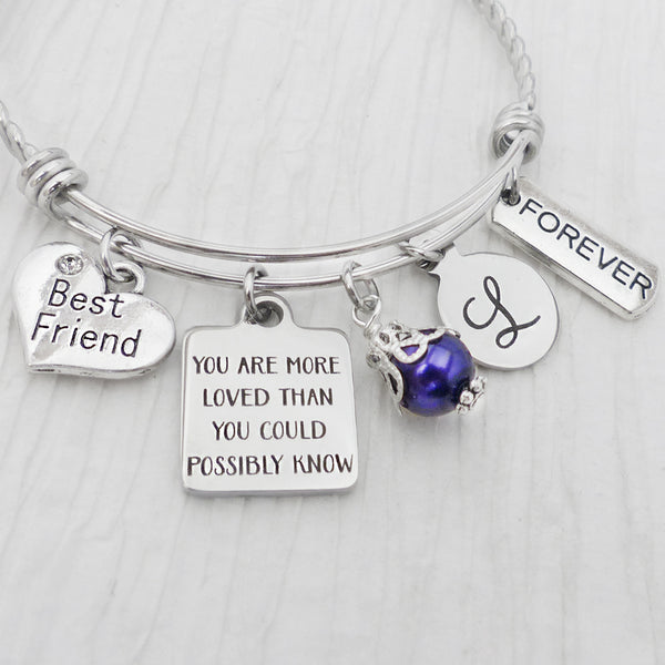 personalized bangle bracelet with round letter charm, you are move loved than you could possibly know, best friend charm and forever charm purple bead