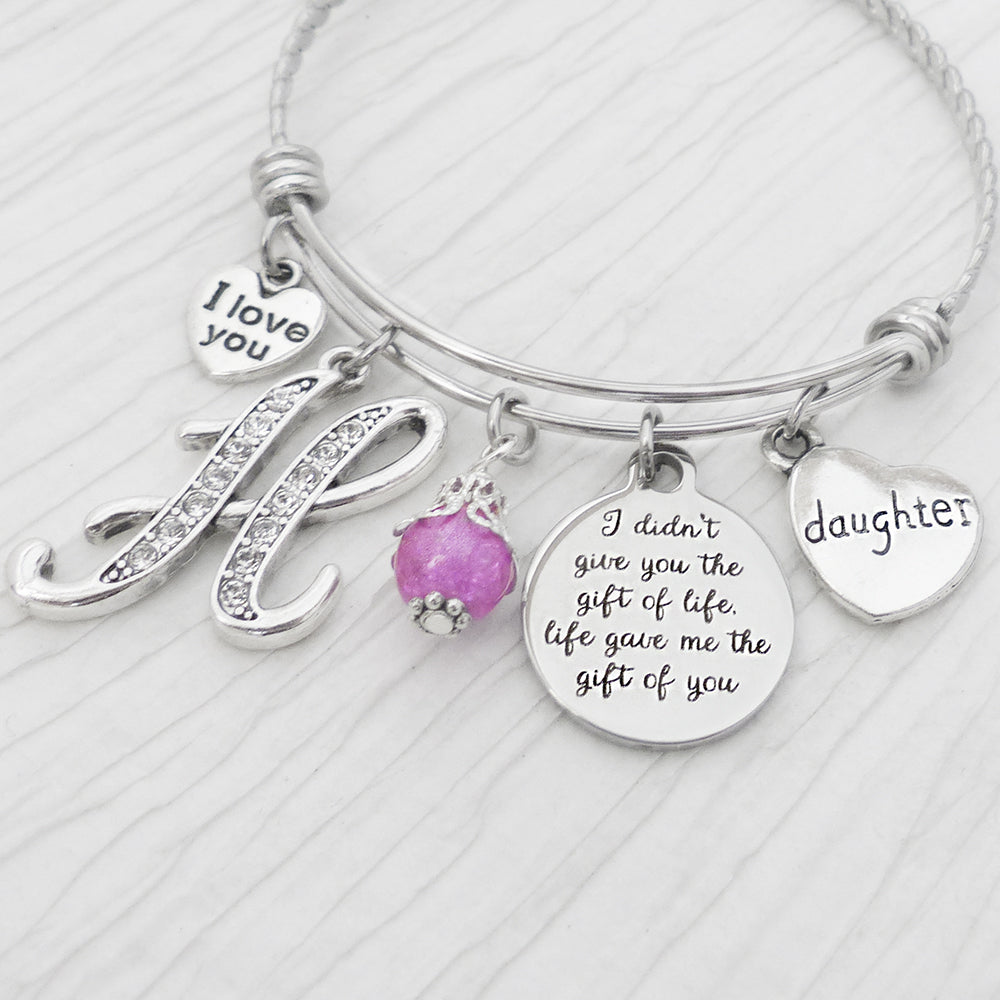 adoption bangle bracelet for daughter from mother I didn't give you the gift of life life gave you the gift of me with pink bead and I love you charm