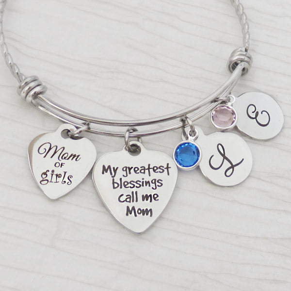 Mom of Girls Birthstone Bracelet -My Greatest Blessings Call Me Mom- Birthday Gifts for Mom-Best Mom-Personalized Birthstone Bracelet-Love