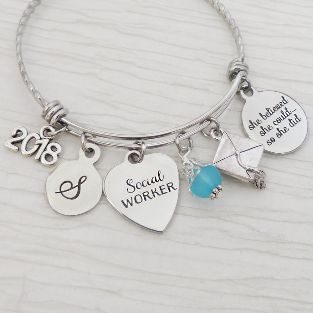 2024 Social Worker Graduation Gifts, She believed she could so she did Bangle Bracelet,Personalized Gifts for Social Workers, Grad Gifts