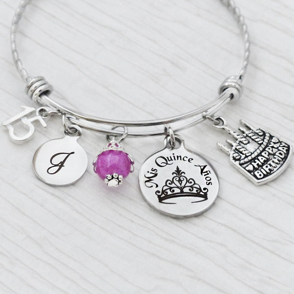 Quinceanera GIFT, 15th Birthday Gift, Personalized Birthday Bangle Bracelet, Mis Quince Anos, Jewelry- Crown-Number 15, Birthday Cake