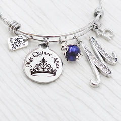 Quinceanera GIFT, 15th Birthday Gift, Personalized Bangle Bracelet- Mis Quince Anos, Jewelry- Crown, You are loved-Number 15