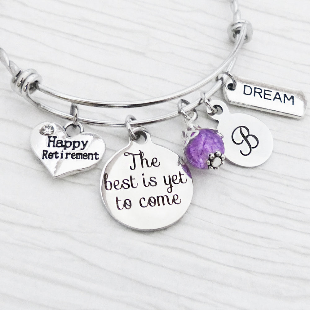 Retirement Gifts for Women, Happy Retirement Bracelet-The best is yet to come, Personalized Bangle Bracelet- Jewelry-Retirement Gift for her
