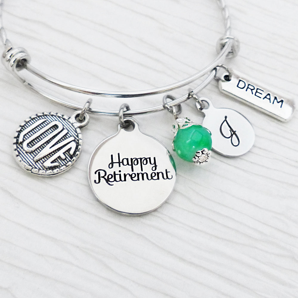 Happy Retirement Gift, Personalized Bangle Bracelet- Retiring Jewelry-Retirement Gift for her, Retiring Gift, Accomplishment gift