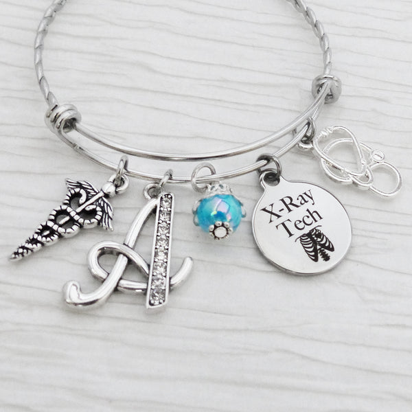 X-ray Tech Gift, Personalized Initial charm Bangle Bracelet, Graduation Gifts, Medical-Jewelry