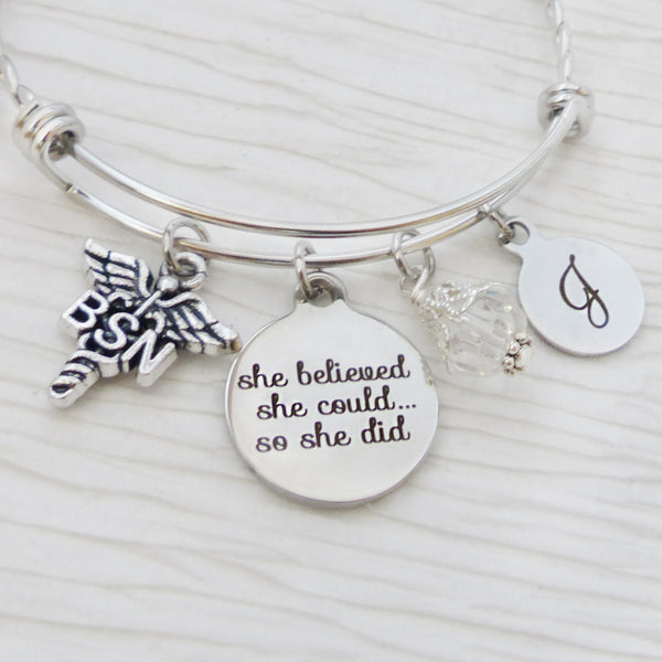 Nurse Gifts, BSN Graduate, She Believed she could so she did, Nursing jewelry gifts, Bangle Bracelet-Jewelry,College Grad Gift