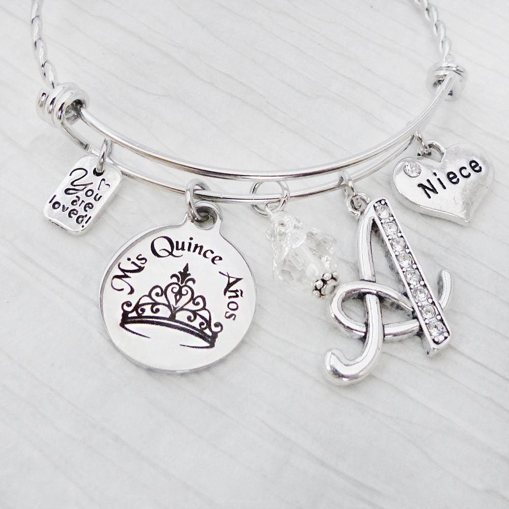 Mis Quince Anos 15 year old personalized letter bangle bracelet with Niece and you are loved charm
