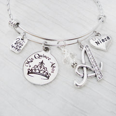 Mis Quince Anos 15 year old personalized letter bangle bracelet with Niece and you are loved charm