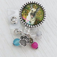Custom Pet Photo Badge Reel, Dog Photograph, Photo Badges, Paw Print Charm, Retractable ID Pull, Cat, Animal Photo Badge