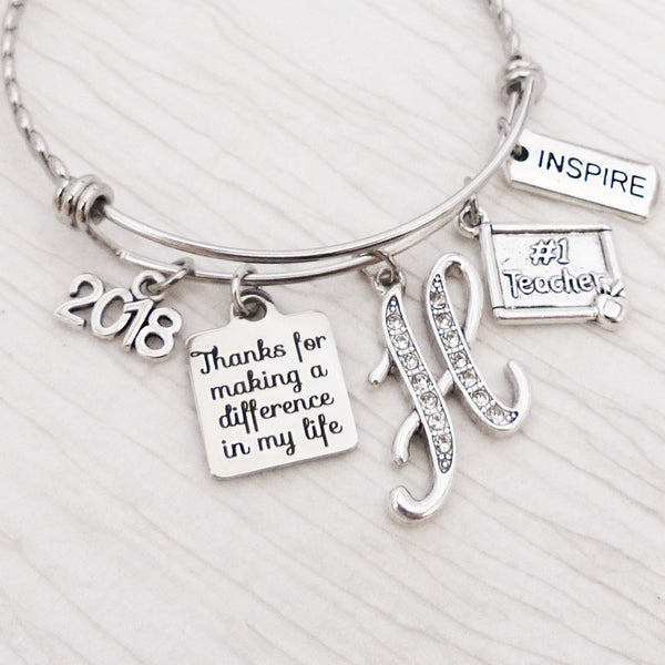 Personalized Teacher Gifts, Bangle Bracelet-Teacher Appreciation-Thank you for making a difference in my life, Inspire, End of School Gift, #1 Teacher